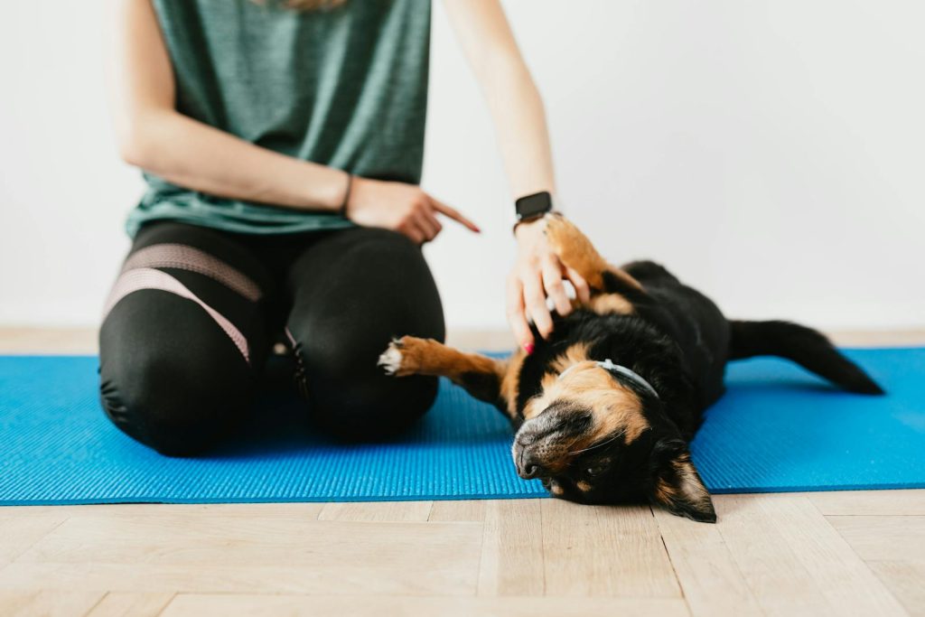 Eine Frau in Trainingskleidung sitzt mit ihrem entspannten Hund auf einer blauen Yogamatte und genießt einen ruhigen Moment im Haus.